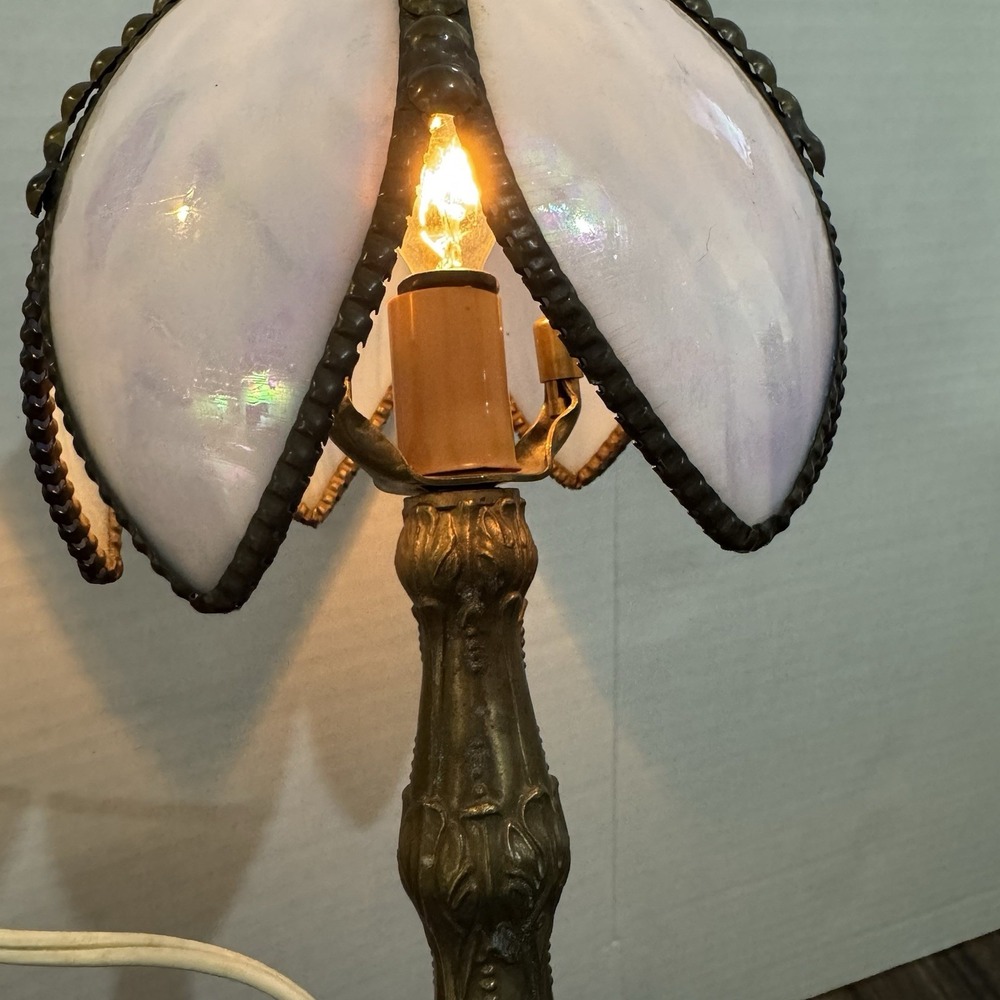 Vintage Meyda Tiffany Lighting 11.5" H Petal Bud Mini Lamp Blue Opal Brass - Picture 4 of 12